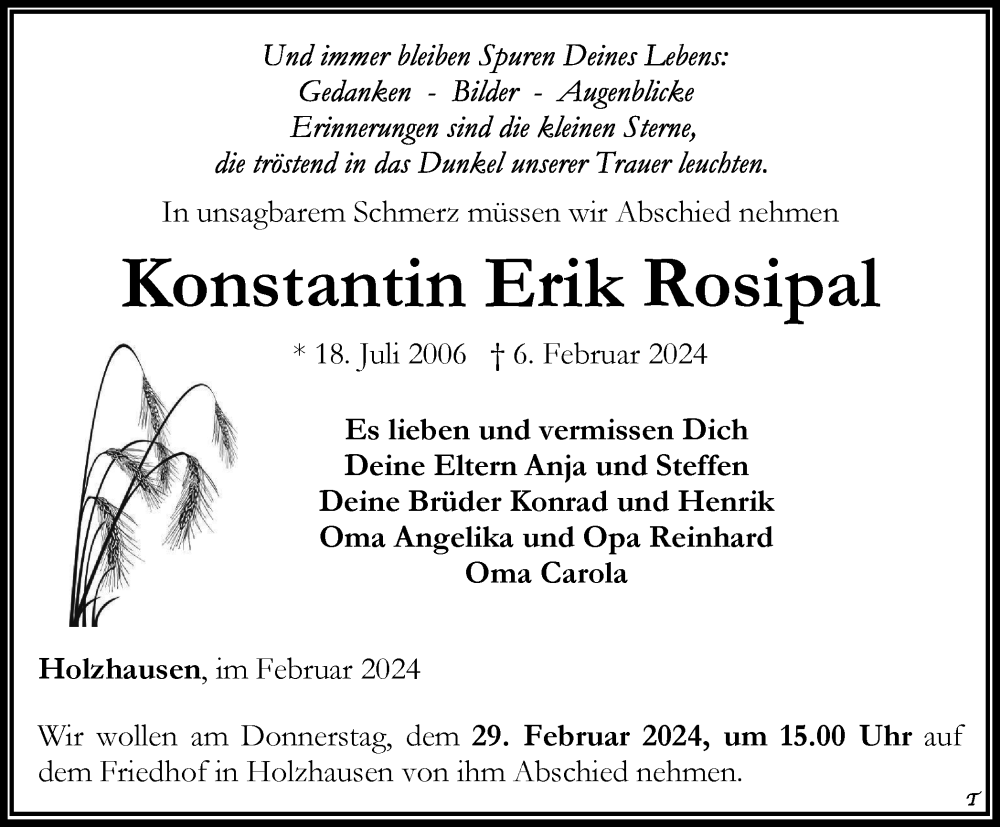  Traueranzeige für Konstantin Erik Rosipal vom 17.02.2024 aus Thüringer Allgemeine