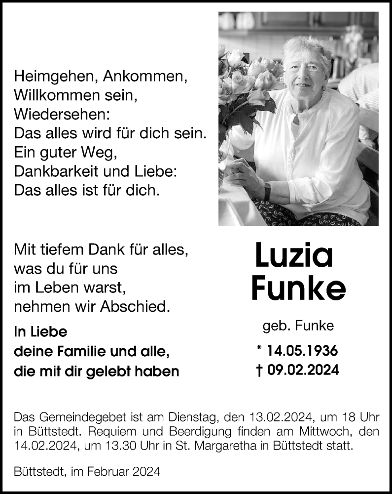 Traueranzeige für Luzia Funke vom 13.02.2024 aus Thüringer Allgemeine