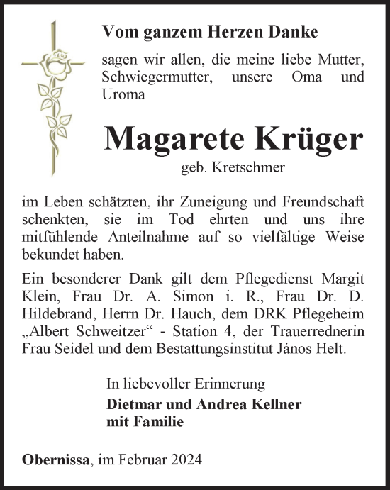 Traueranzeige von Magarete Krüger von Thüringer Allgemeine, Thüringische Landeszeitung