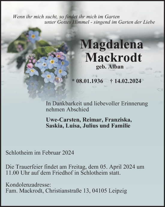 Traueranzeige von Magdalena Mackrodt von Thüringer Allgemeine, Thüringische Landeszeitung