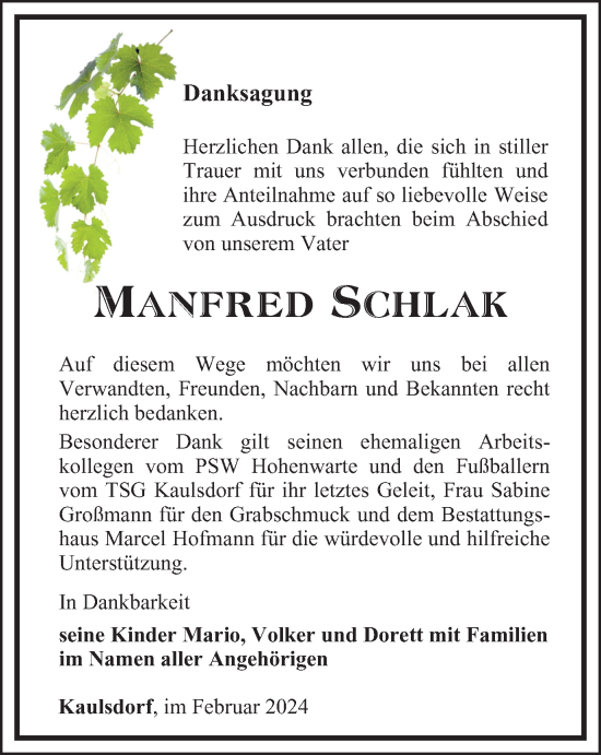 Traueranzeige von Manfred Schlak von Ostthüringer Zeitung