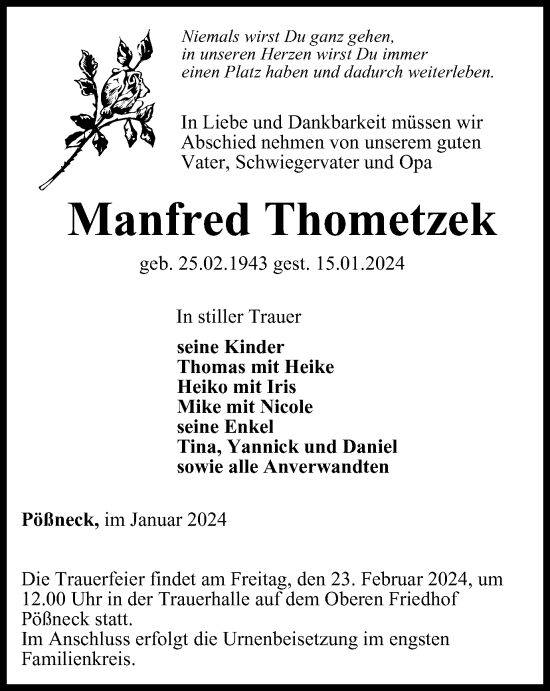 Traueranzeige von Manfred Thometzek von Ostthüringer Zeitung