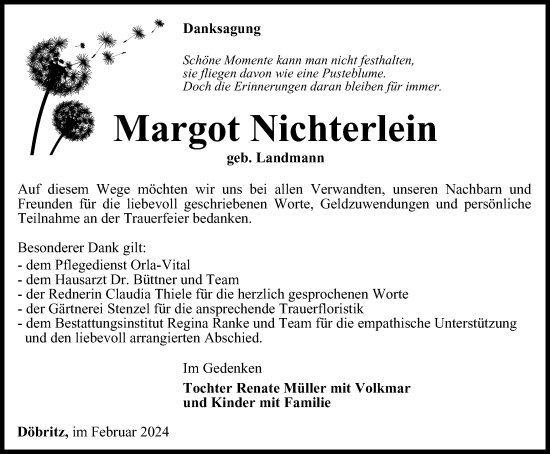 Traueranzeige von Margot Nichterlein von Ostthüringer Zeitung