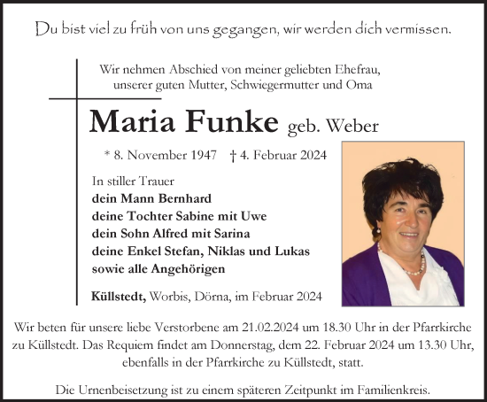 Traueranzeige von Maria Funke von Thüringer Allgemeine