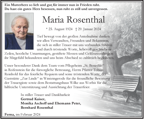 Traueranzeige von Maria Rosenthal von Thüringer Allgemeine