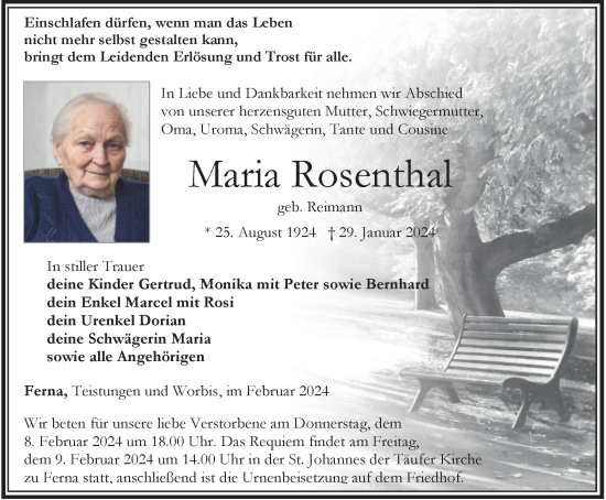 Traueranzeige von Maria Rosenthal von Thüringer Allgemeine