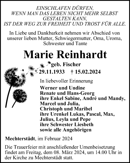 Traueranzeige von Marie Reinhardt von Thüringer Allgemeine, Thüringische Landeszeitung