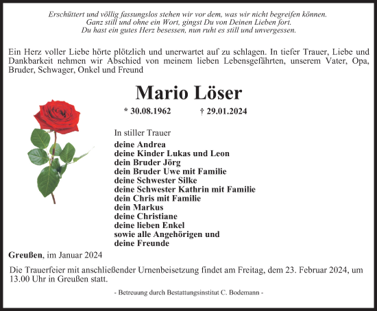 Traueranzeige von Mario Löser