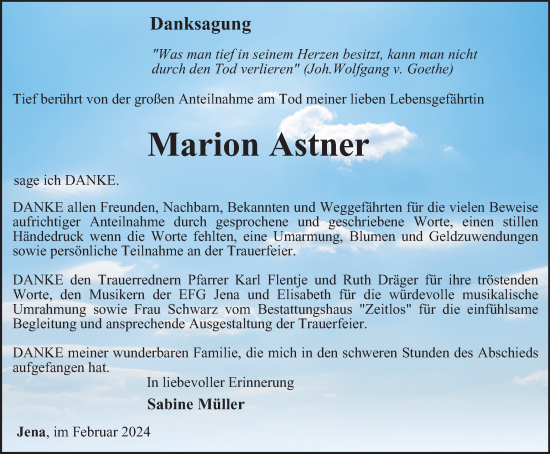 Traueranzeige von Marion Astner von Ostthüringer Zeitung, Thüringische Landeszeitung