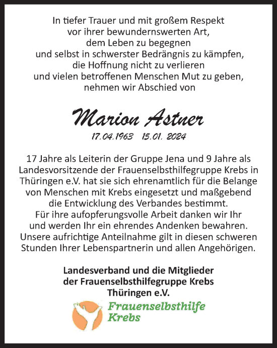 Traueranzeige von Marion Astner von Thüringer Allgemeine, Thüringische Landeszeitung, Ostthüringer Zeitung