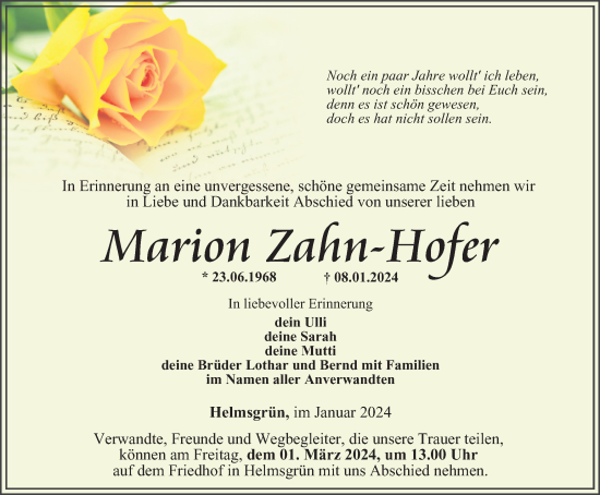 Traueranzeige von Marion Zahn-Hofer von Ostthüringer Zeitung