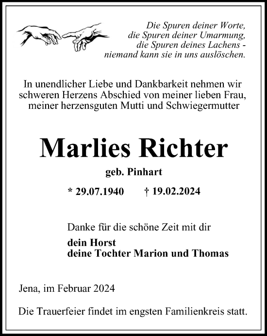 Traueranzeige von Marlies Richter von Ostthüringer Zeitung, Thüringische Landeszeitung