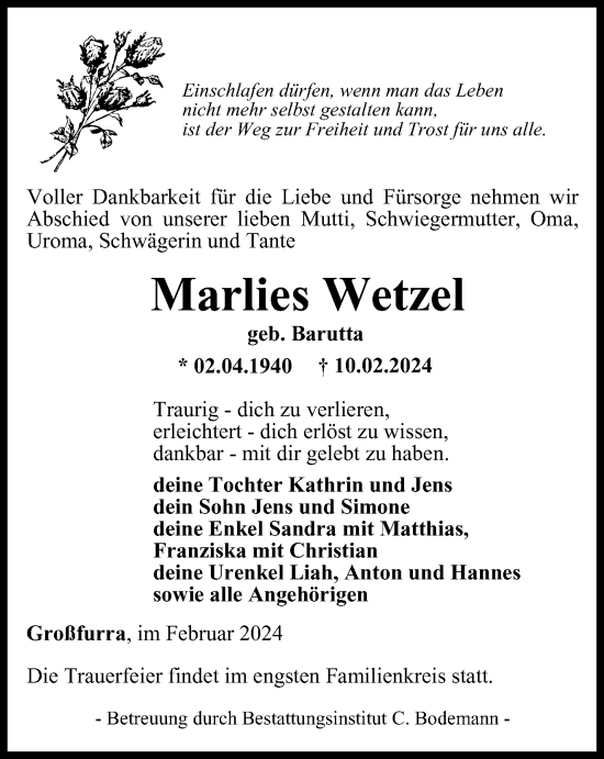 Traueranzeige von Marlies Wetzel