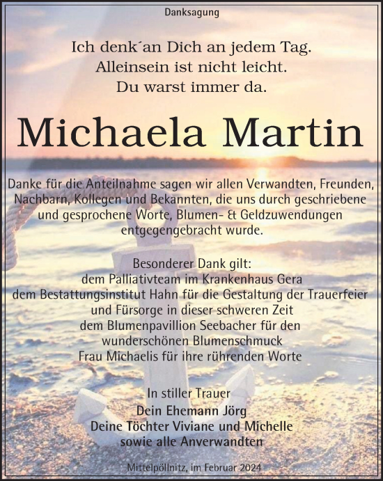 Traueranzeige von Michaela Martin von Ostthüringer Zeitung