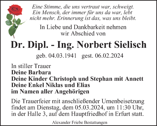 Traueranzeige von Norbert Sielisch von Thüringer Allgemeine, Thüringische Landeszeitung