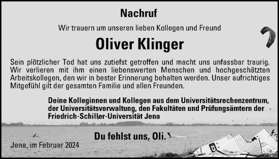 Traueranzeige von Oliver Klinger von Ostthüringer Zeitung, Thüringische Landeszeitung