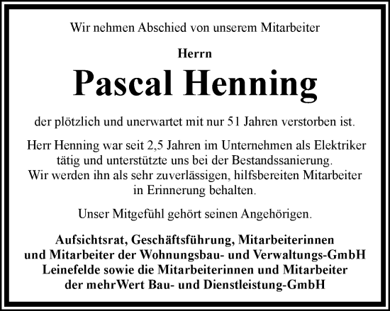 Traueranzeige von Pascal Henning von Thüringer Allgemeine
