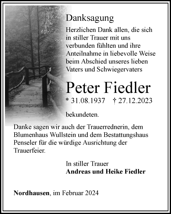 Traueranzeige von Peter Fiedler von Thüringer Allgemeine