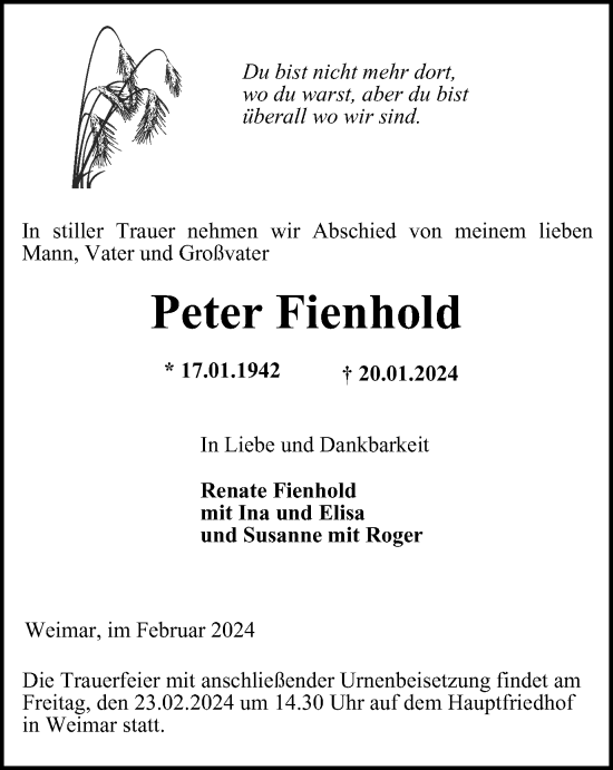 Traueranzeige von Peter Fienhold von Thüringer Allgemeine, Thüringische Landeszeitung