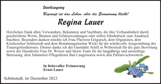 Traueranzeige von Regina Lauer von Thüringer Allgemeine, Thüringische Landeszeitung