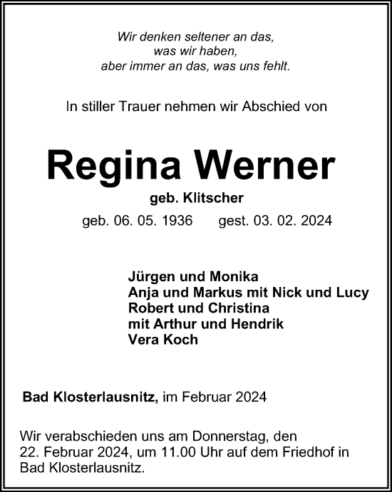 Traueranzeige von Regina Werner von Ostthüringer Zeitung