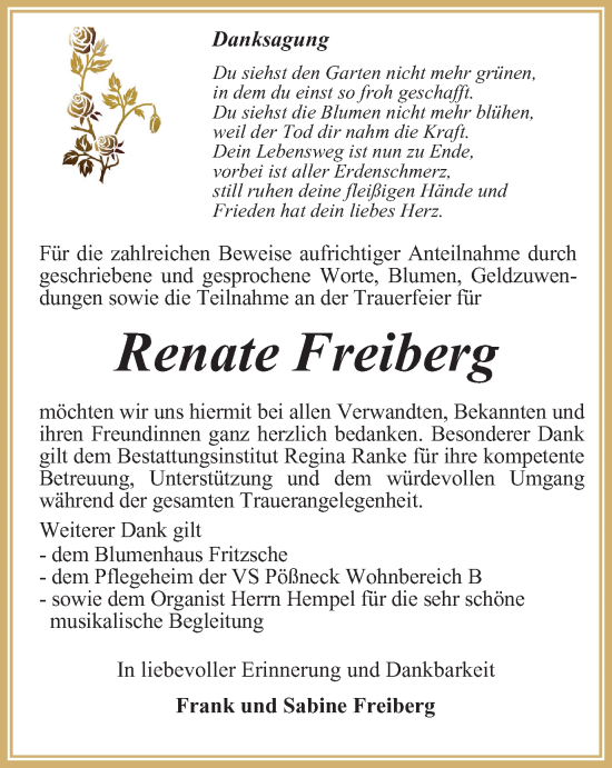 Traueranzeige von Renate Freiberg von Ostthüringer Zeitung