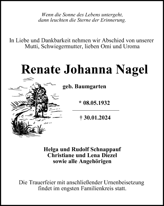 Traueranzeige von Renate Johanna Nagel von Thüringer Allgemeine, Thüringische Landeszeitung