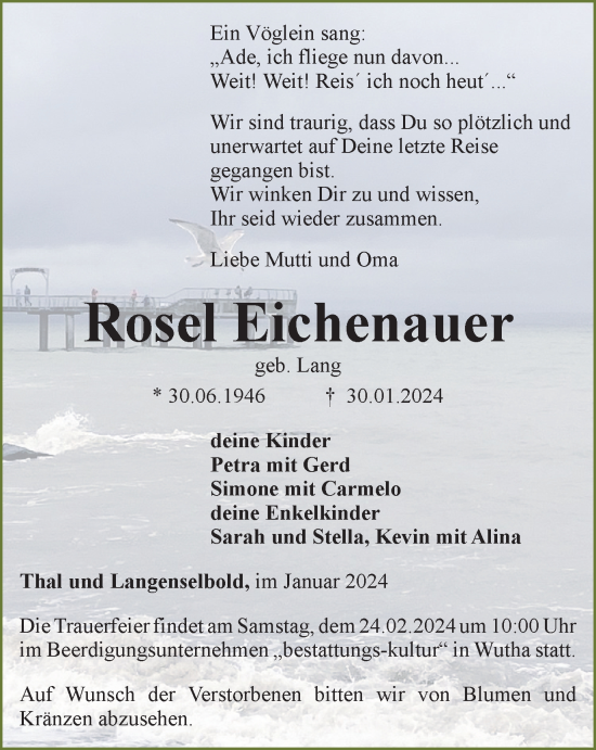 Traueranzeige von Rosel Eichenauer von Thüringer Allgemeine, Thüringische Landeszeitung