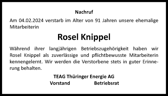 Traueranzeige von Rosel Knippel von Thüringer Allgemeine, Thüringische Landeszeitung