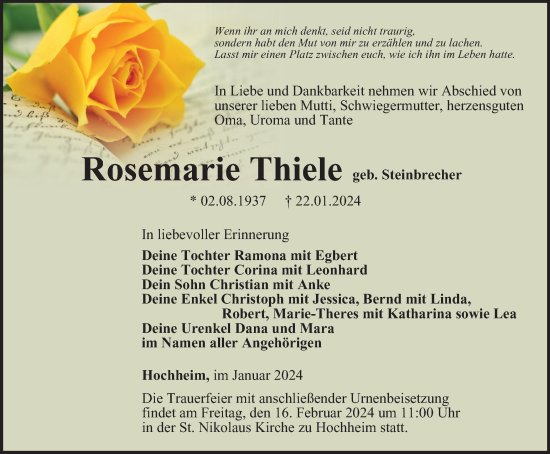 Traueranzeige von Rosemarie Thiele von Thüringer Allgemeine, Thüringische Landeszeitung