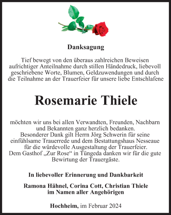 Traueranzeige von Rosemarie Thiele von Thüringer Allgemeine, Thüringische Landeszeitung