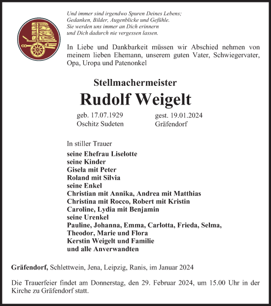 Traueranzeige von Rudolf Weigelt von Ostthüringer Zeitung