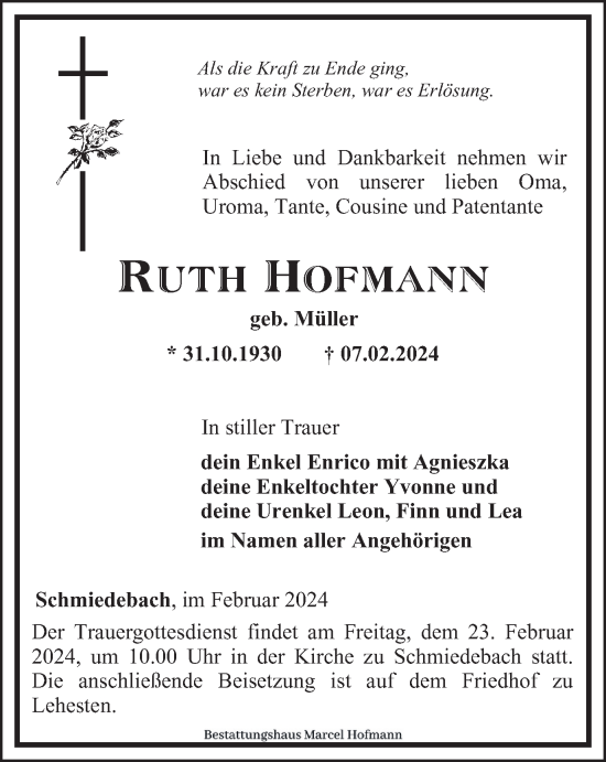 Traueranzeige von Ruth Hofmann von Ostthüringer Zeitung