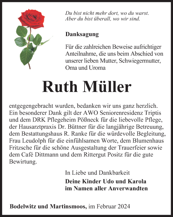 Traueranzeige von Ruth Müller von Ostthüringer Zeitung