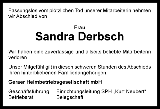 Traueranzeige von Sandra Derbsch von Ostthüringer Zeitung