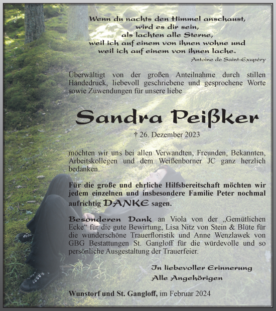 Traueranzeige von Sandra Peißker von Ostthüringer Zeitung