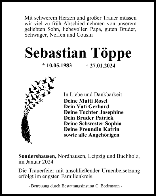 Traueranzeige von Sebastian Töppe