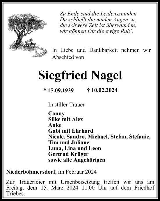 Traueranzeige von Siegfried Nagel von Ostthüringer Zeitung