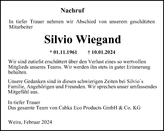 Traueranzeige von Silvio Wiegand von Ostthüringer Zeitung