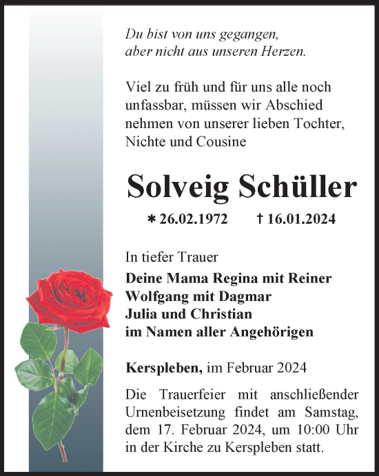 Traueranzeige von Solveig Schüller von Thüringer Allgemeine, Thüringische Landeszeitung