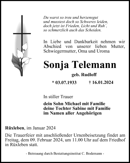 Traueranzeige von Sonja Telemann