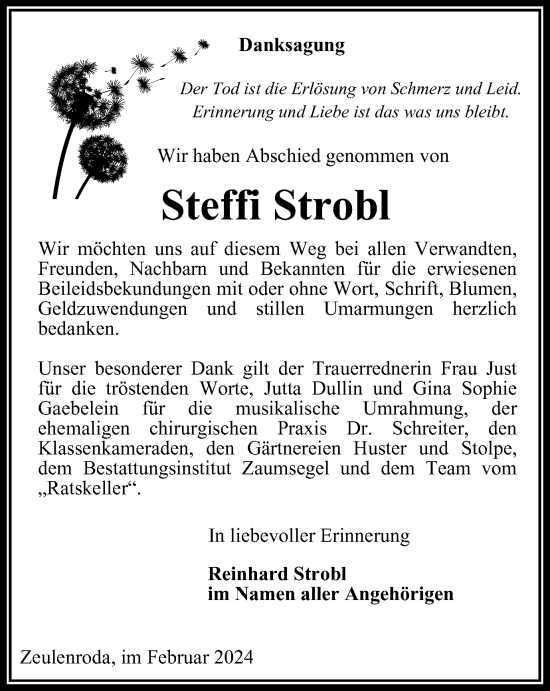 Traueranzeige von Steffi Strobl von Ostthüringer Zeitung