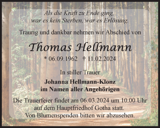 Traueranzeige von Thomas Hellmann von Thüringer Allgemeine, Thüringische Landeszeitung