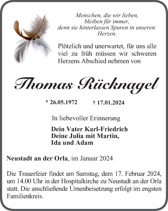 Traueranzeige von Thomas Rücknagel von Ostthüringer Zeitung