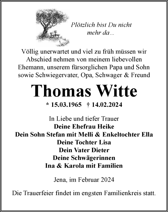 Traueranzeige von Thomas Witte von Ostthüringer Zeitung, Thüringische Landeszeitung