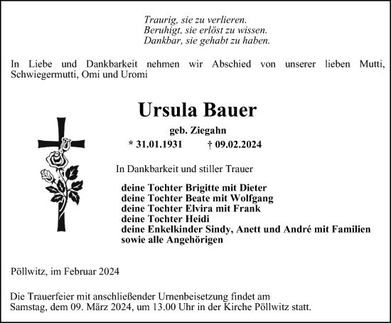 Traueranzeige von Ursula Bauer von Ostthüringer Zeitung
