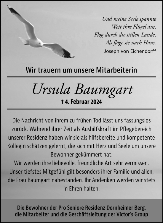 Traueranzeige von Ursula Baumgart von Thüringer Allgemeine
