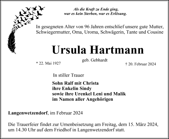 Traueranzeige von Ursula Hartmann von Ostthüringer Zeitung