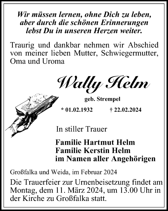 Traueranzeige von Wally Helm von Ostthüringer Zeitung
