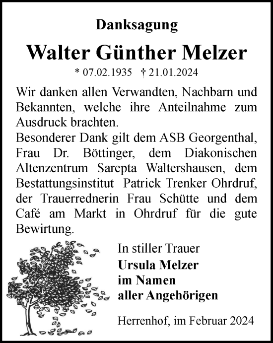 Traueranzeige von Walter Günther Melzer von Thüringer Allgemeine, Thüringische Landeszeitung